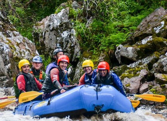 a raft going down a river