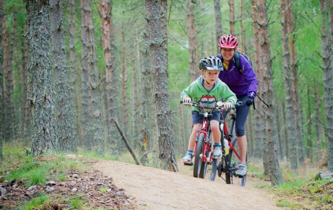 two people cycling through a forest