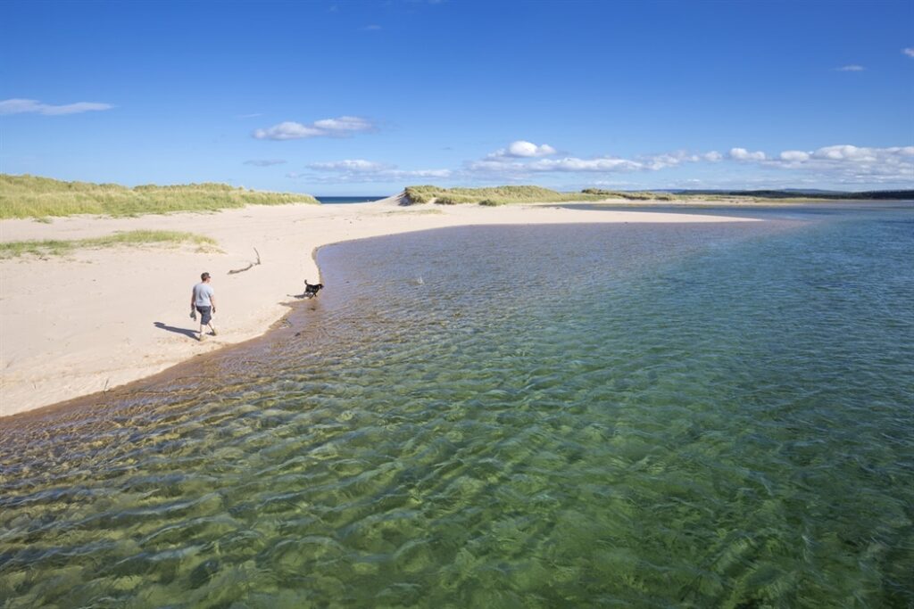 Picture of a dog walker on Lossiemouth beach