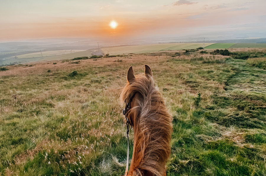 a person riding a horse into the sunset