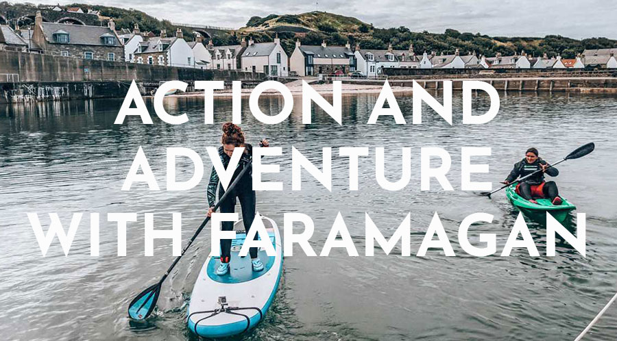 A lady paddleboarding with text reading Action and adenture with Faramagan