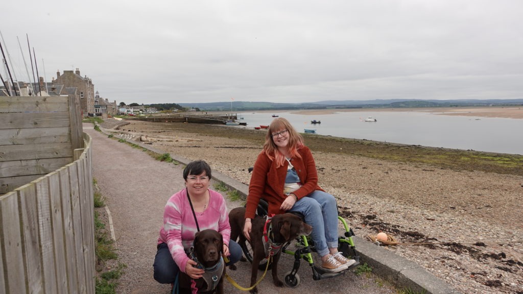 Two ladies sit with two Labradors with seafront in the background